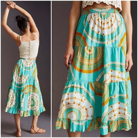 ANTHROPOLOGIE NWT XL PORRIDGE Andria Tiered Midi Skirt in Turquoise • Teal - Picture 1 of 12